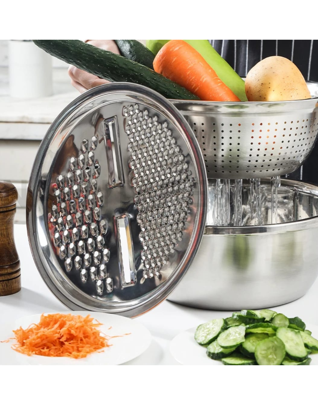 3 IN 1 STAINLESS STEEL BOWL WITH STRAINER AND GRATER - Image 2