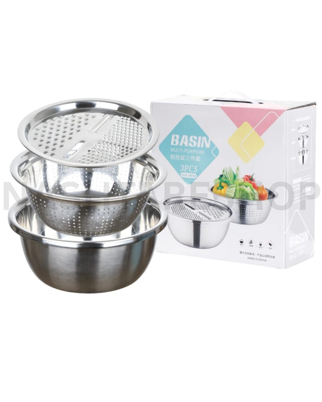 3 IN 1 STAINLESS STEEL BOWL WITH STRAINER AND GRATER